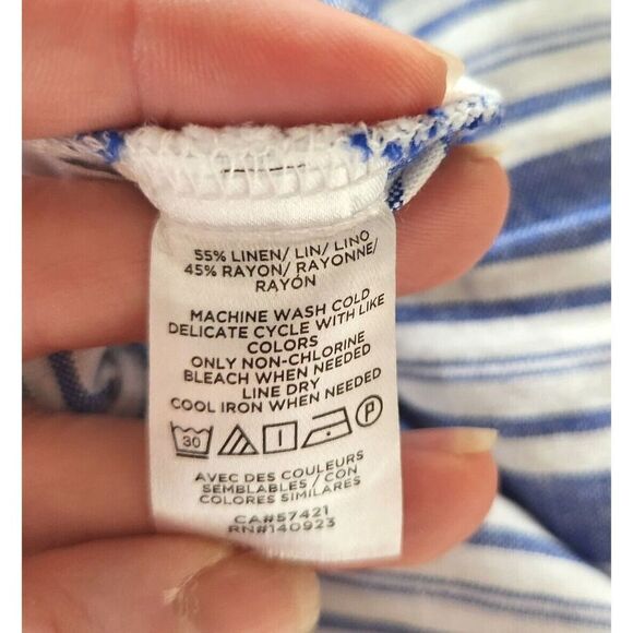 Loft Wrap Tie Knee Length Skirt Rayon Linen Blue White Striped Women's Size 8 - Picture 12 of 13